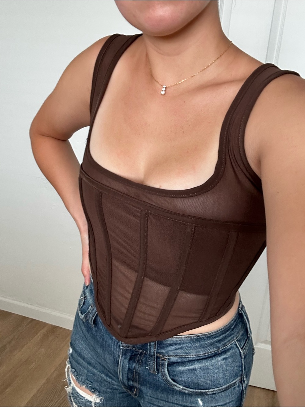 Meshki Brown Mesh Corset Tank Top